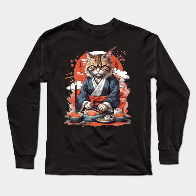 Cool Cat Sushi Art Long Sleeve T-Shirt by VisionDesigner